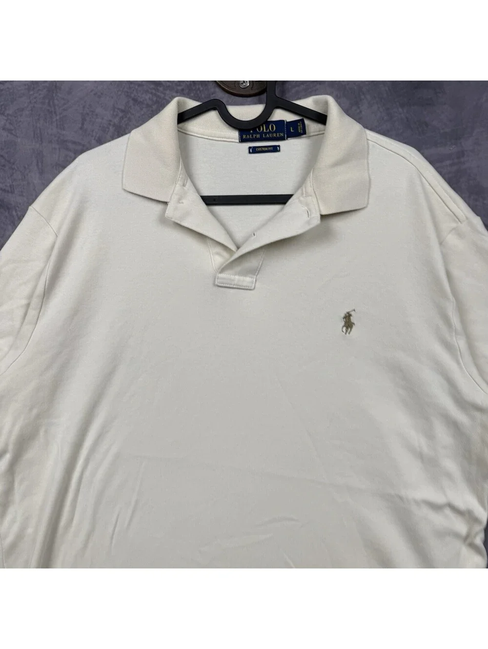 Polo Ralph Lauren Shirt Men's Large Ivory Custom Fit Pique Cotton Knit Preppy
